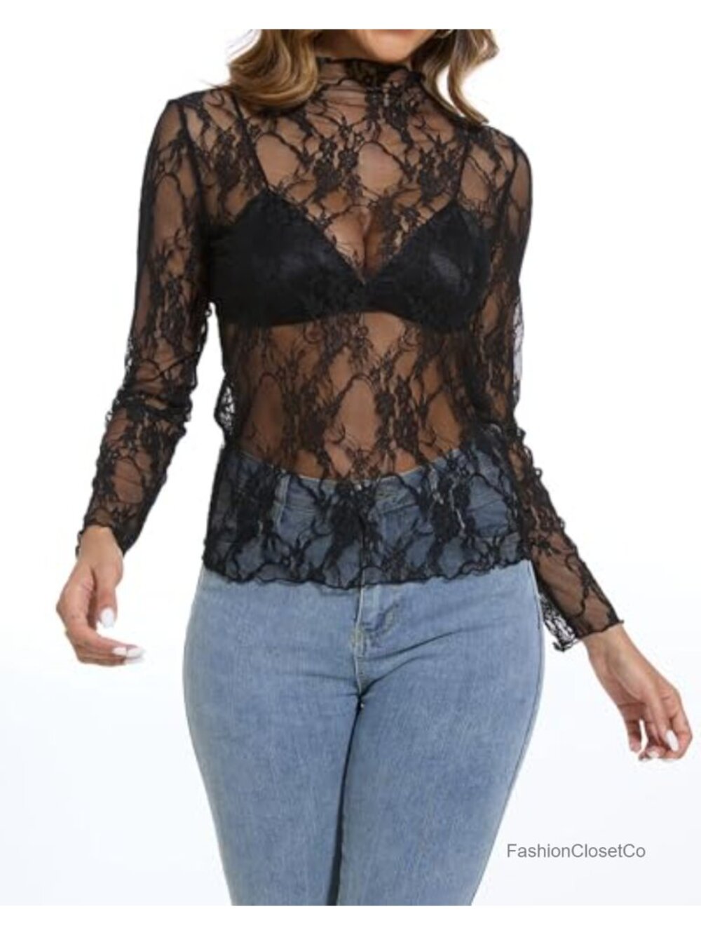 Women's Sheer Mesh Long Sleeve Lace Top Slim Fitted Blouse - Picture 4 of 6